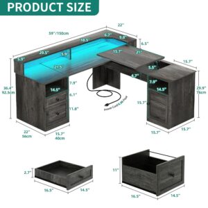 DWVO L Shaped Desk with Drawers, 60" Corner Computer Desk with Power Outlets & Lift Top, Home Office Desk with Storage Cabinet & LED Lights, Wood Desk, Height Adjustable Desk, Grey