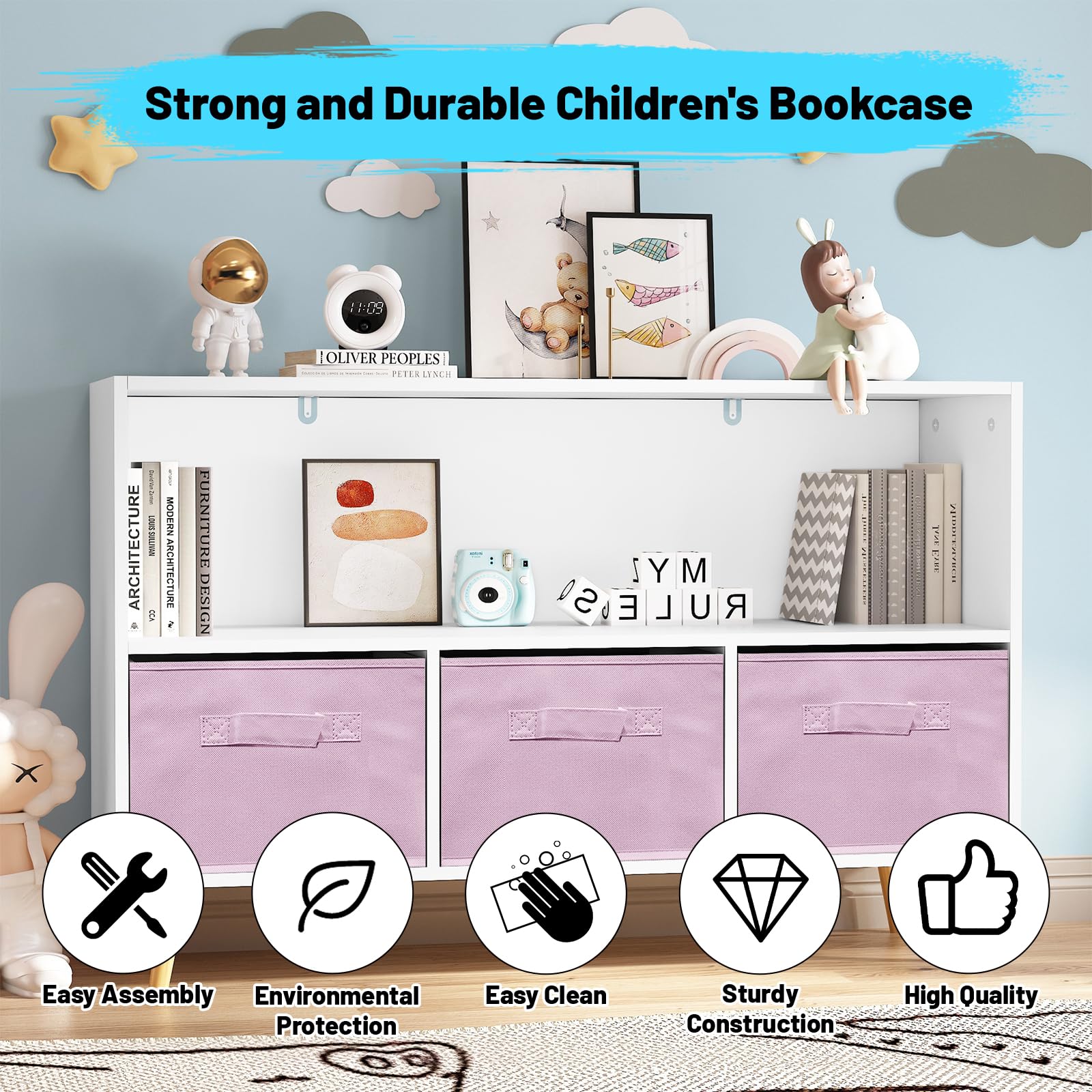 BAOMKONG Kids Bookcase and Bookshelf Multi Shelf Cubby with Collapsible Fabric Drawers Kid's Bookshelf and Toy Storage Organizer for Playroom Nursery Children's Room School, White+Pink