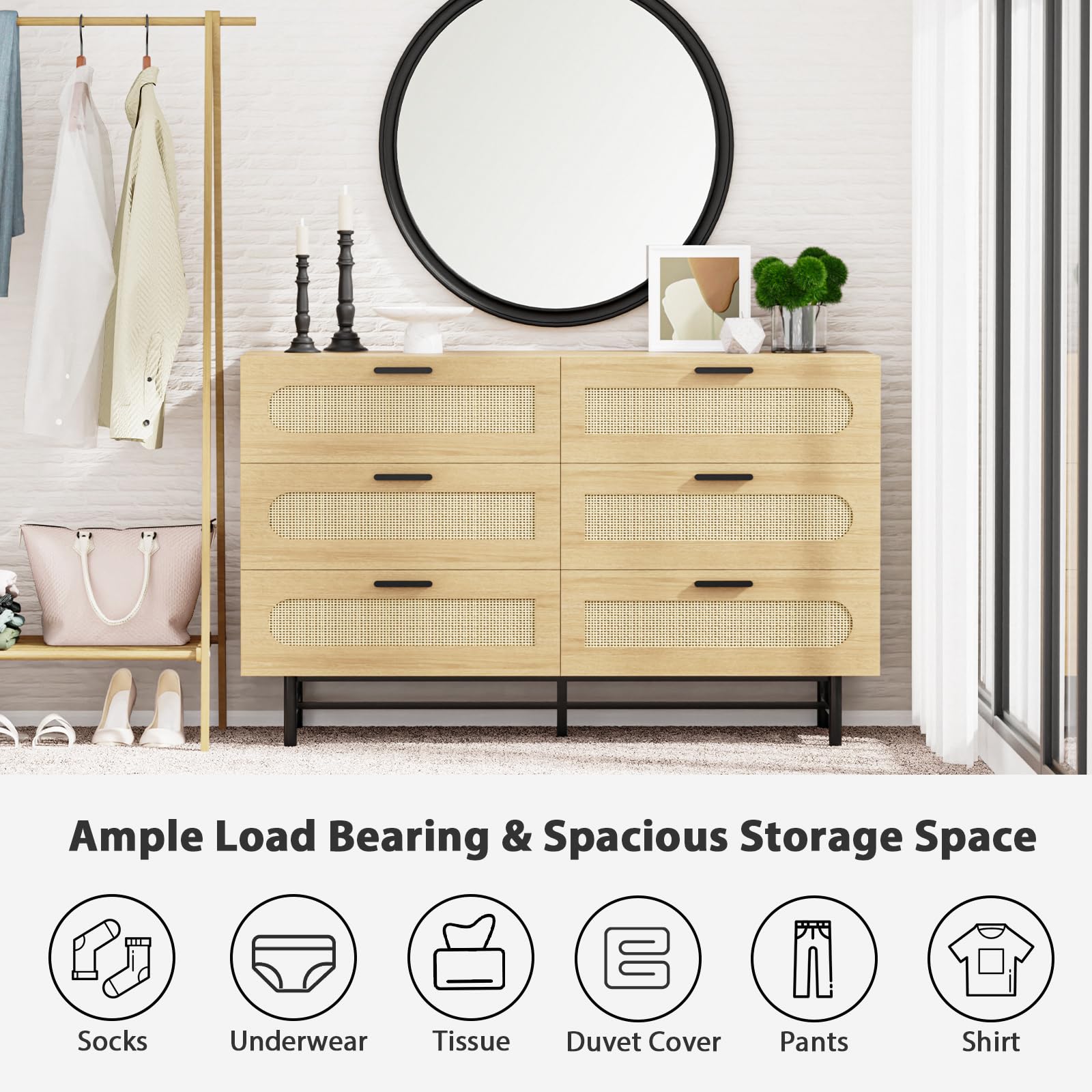 Vrullu 6 Drawer Double Dresser for Bedroom, Natural Rattan Chest with Drawers, Modern Wood Boho Dresser with Handles, Storage Closet for Closet, Living Room and Entryway (Round Pattern Drawer)