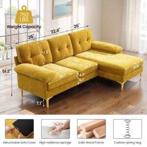 82" Ginger L Shape Sofa Couch w/Chaise Sleeper, Chenille Small Golden Sectional Couch with Chaise Mid-Modern Century Sofa for Living Room, Apartment, and Office with Removable and Washable Cushions