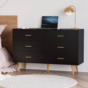 JOZZBY Dresser for Bedroom with 6 Drawers, Black Wooden Dresser with Golden Handles, Modern Chests of Drawer Storage Organizer for Hallway, Entryway