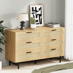 Vrullu 6 Drawer Double Dresser for Bedroom, Natural Rattan Chest with Drawers, Modern Wood Boho Dresser with Handles, Storage Closet for Closet, Living Room and Entryway (Round Pattern Drawer)