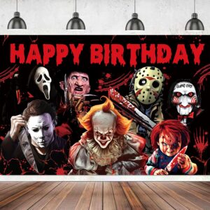 5x3ft horror birthday decorations backdrop, horror movie happy birthday halloween banner, classic horror movie birthday party decorations, horror birthday banner for adults halloween birthday party