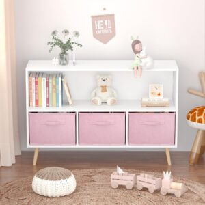 baomkong kids bookcase and bookshelf multi shelf cubby with collapsible fabric drawers kid's bookshelf and toy storage organizer for playroom nursery children's room school, white+pink