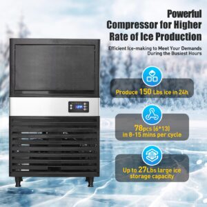 Gravee Commercial Ice Maker Machine, 150lbs/24H Under Counter Ice Maker Machine Stainless Steel with 27lbs Ice Storage Bin, Freestanding Ice Maker for Restaurant, Bar, Home, Office, Cafe