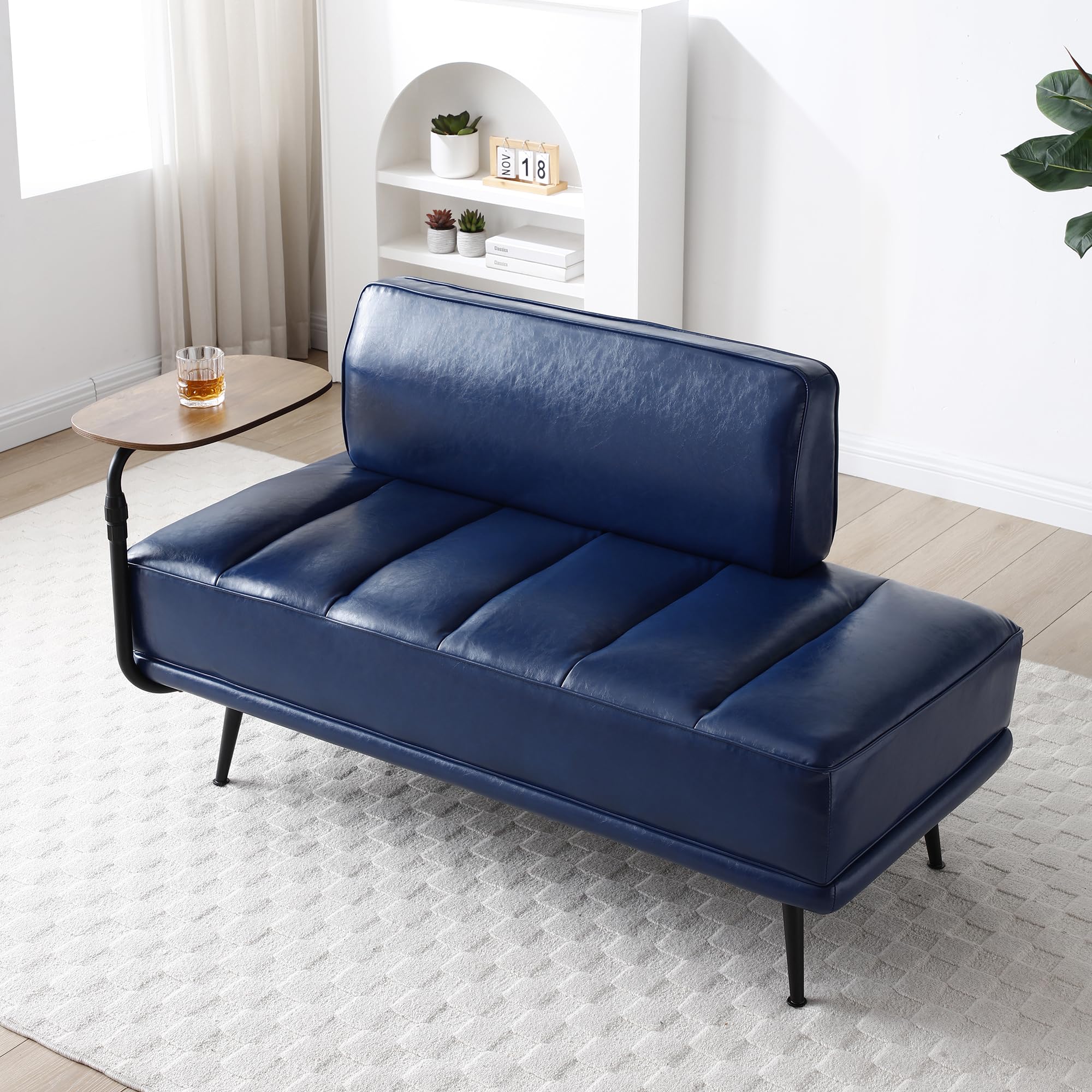 Modern Upholstered End of Bed Bench with 360-Degree Swivel Tray, 2 Seater Sofa Couch with Side Table, Settee Bench with Metal Legs Backrest for Living Room,Entryway,Foyer (PU-With Tray, Navy)