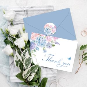 Whaline 24Pcs Blue Hydrangeas Thank You Cards with Envelopes and Stickers Blue Pink Floral Greeting Cards Flower Blank Note Cards for Party Supplies