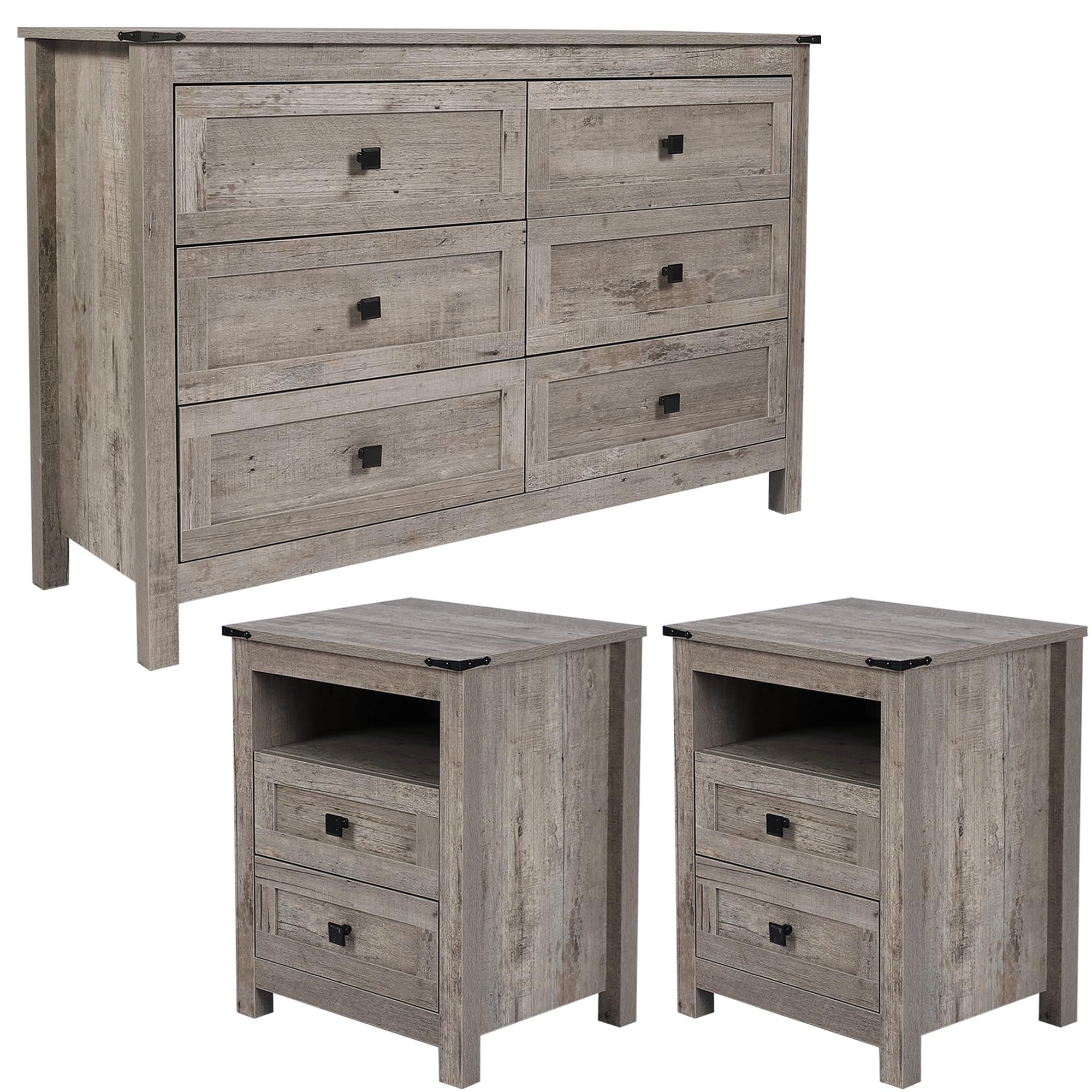 CATMIX Farmhouse Drawers Dresser, Wood Double Dresser Chest of Drawers Wide Storage Organizer Cabinet for Bedroom, Living Room (Rustic Grey, Combo Pack 6+2)