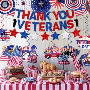 Veterans Day Decorations,Thank You Veterans Banner Happy Veterans Day Decorations Hanging Swirls and Red White Blue Paper Fans for Veterans Day Party Bulletin Board Indoors Patriotic Decorations