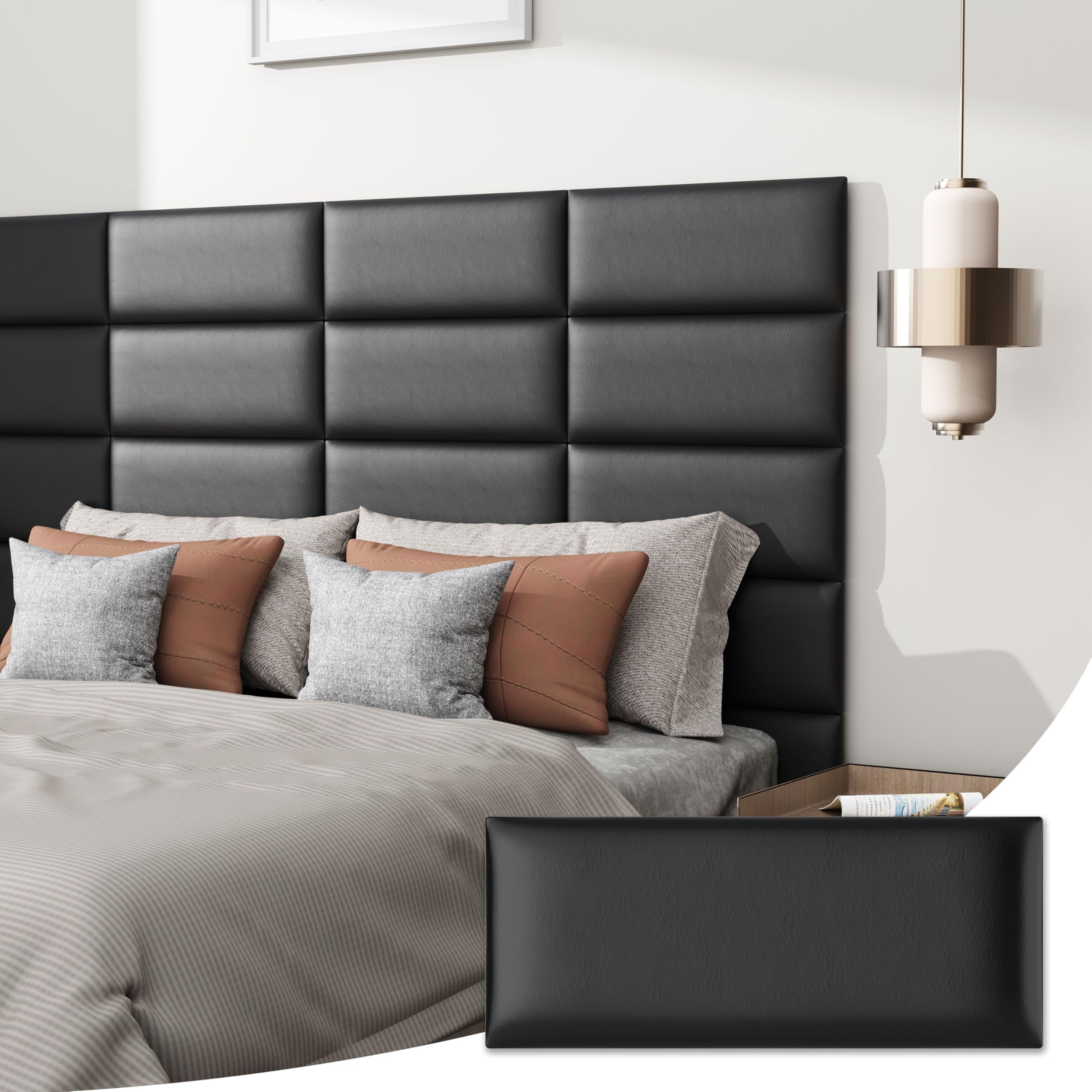 IMXPW Peel and Stick Headboard for Queen Size, Upholstered Faux Leather Wall Mounted Headboard, Pack of 6 Panels (Each 24"x10", Black)