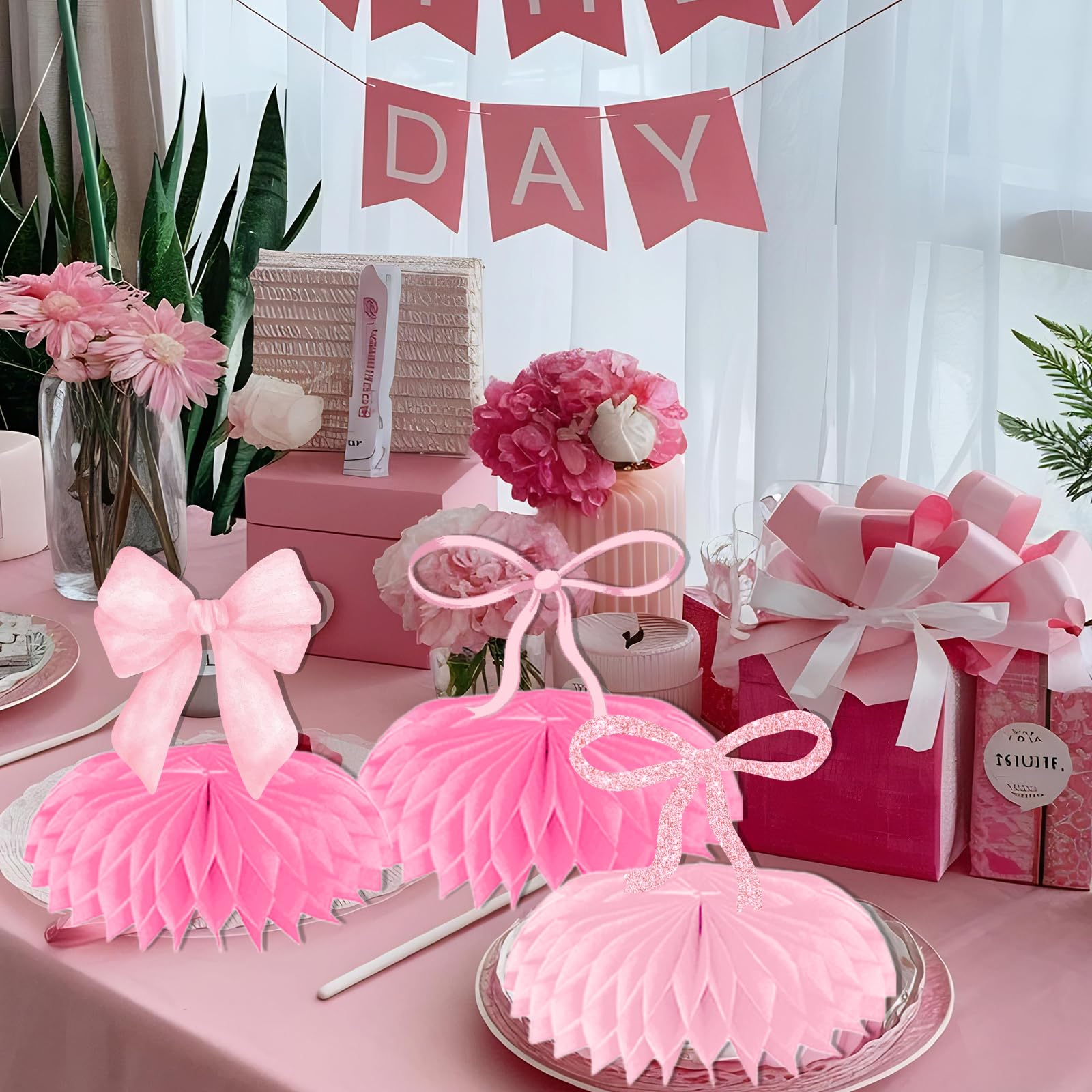 Pink Bow Party Decorations Honeycomb Centerpieces, 9Pcs Bow Coquette Birthday Decorations for Table, 3D Bow Birthday Decorations Coquette Baby Shower Decorations for Bow Birthday Baby Shower