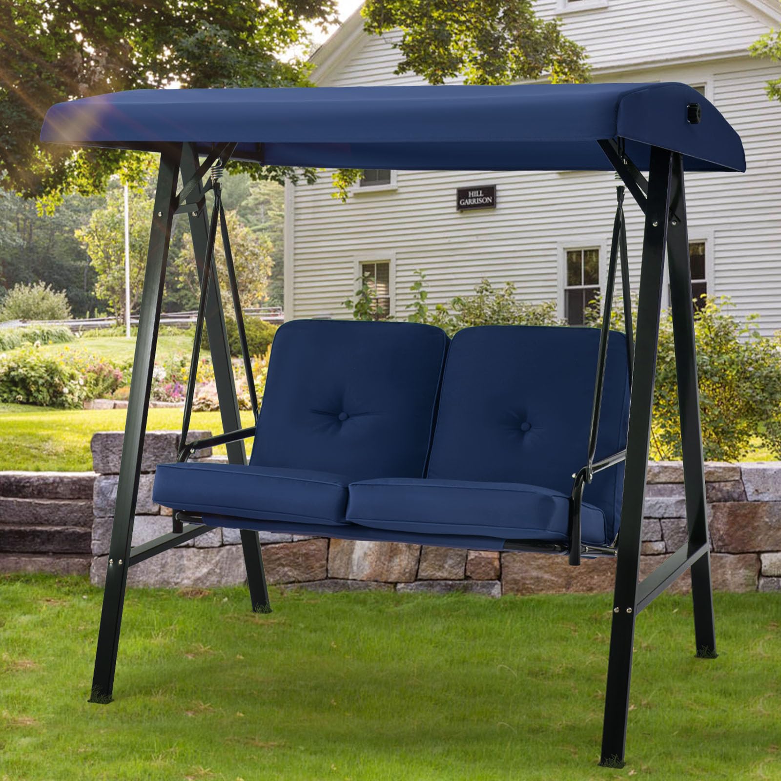 U-MAX 2 Seat Outdoor Patio Swing Chair for Adults, Porch Swings with Adjustable Canopy, Outside Swing Bench with Removable Cushion, Suitable for Backyard, Garden, Yard, Poolside, Balcony (Blue)