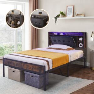 full size bed frame, upholstered metal platform bed frame with hidden storage headboard, & charging station, led double bed frame - no box spring required, easy assembly, quiet sleep experience