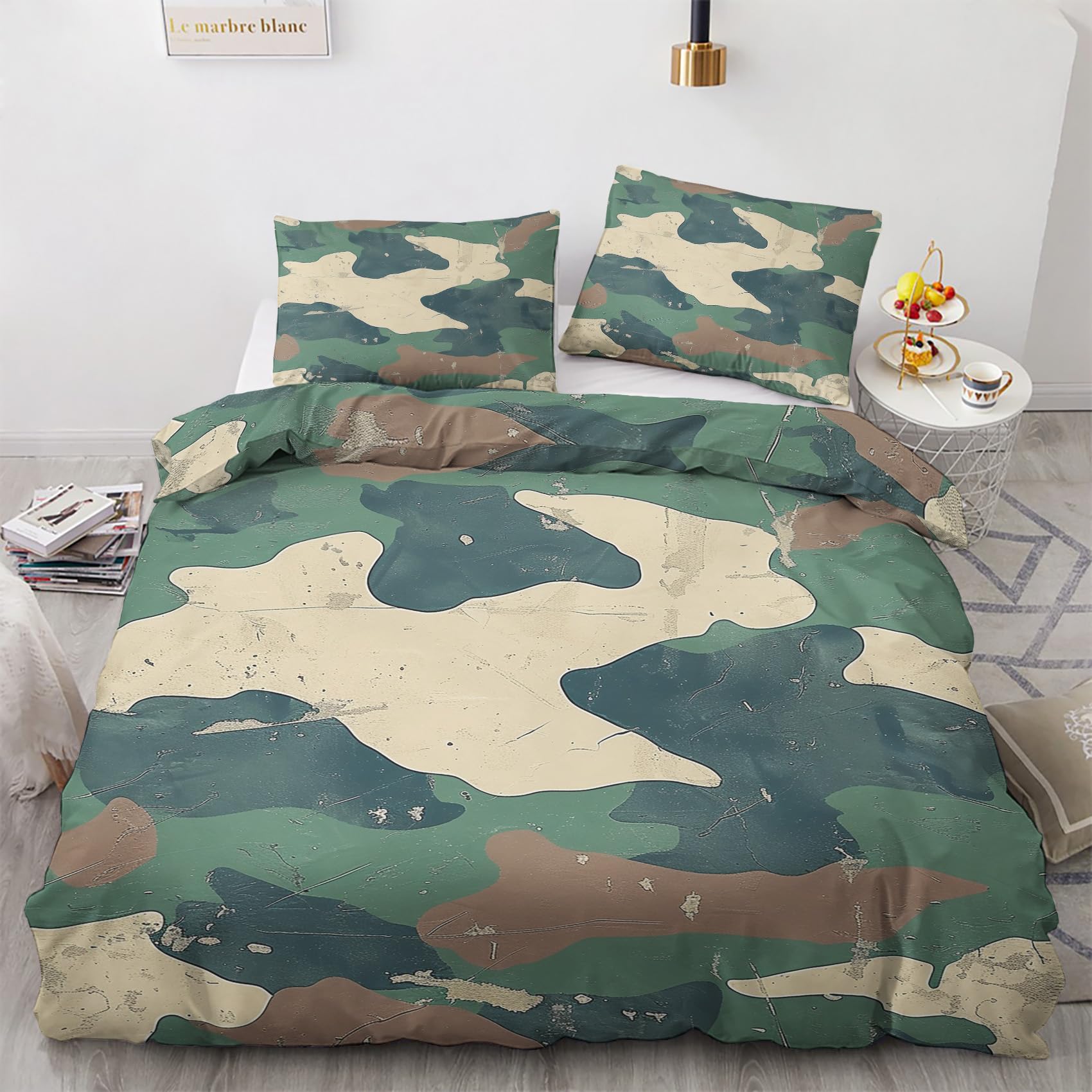 AopGlyvyr Camoflage Duvet Cover King Size, Camo Comforter Cover, Army Green Bedding Set, Breathable Duvet Cover with Zipper Closure, 3 Pieces with 1 Duvet Cover and 2 Pillowcase