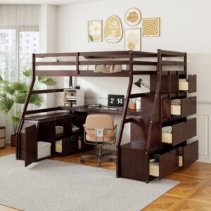 full size loft bed with desk, solid wood loft bed frame with 7 drawers and 2 shelves, storage cabinet, 68.3" high loft bed frame with storage staircase, no box spring required (espresso/full,90)