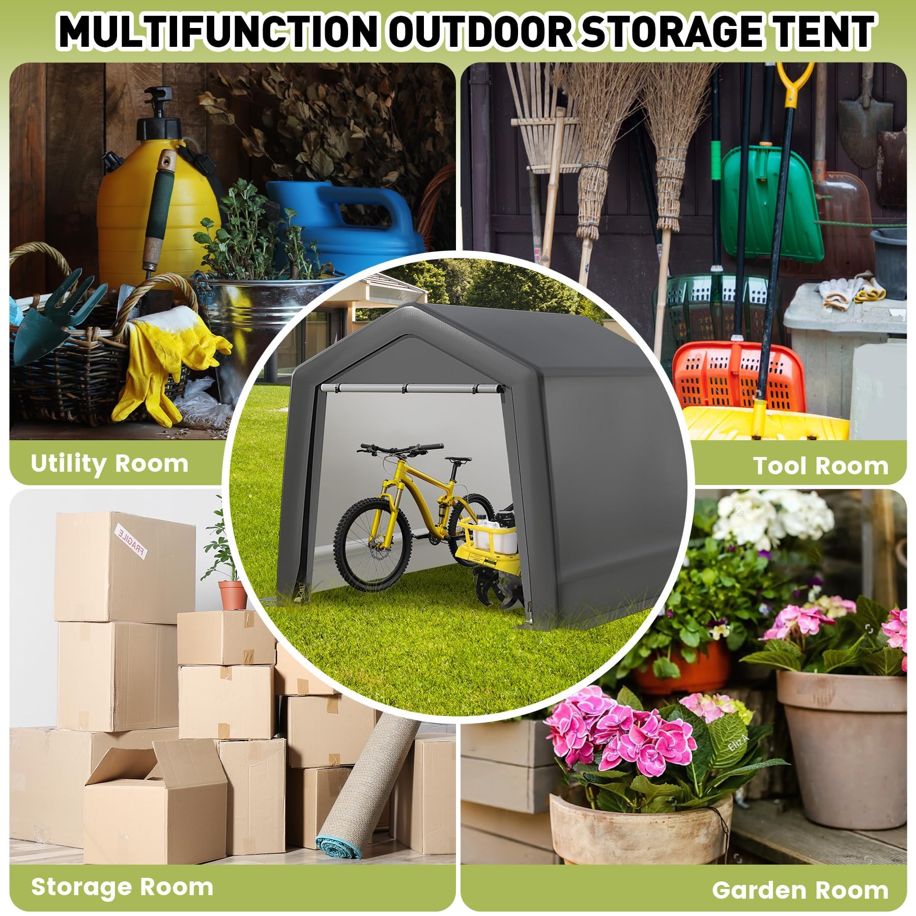 6 * 6 * 7FT Outdoor Storage Shed Carport,Portable Garage Bike Shed Tent with Roll-Up Zipper Door, Heavy Duty Waterproof Tarp Carport for Motorcycle, Bike, Firewood, Garden Tools Sheld