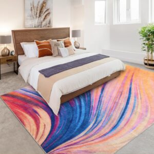 GarveeHome 9x12 Area Rug Large Washable Abstract Brush Stroke Rug Soft Low Pile Non Skid Non Shedding Floor Carpet Rugs Multiple Colors Modern Floor Cover for Bedroom Living Room, Blue/Pink