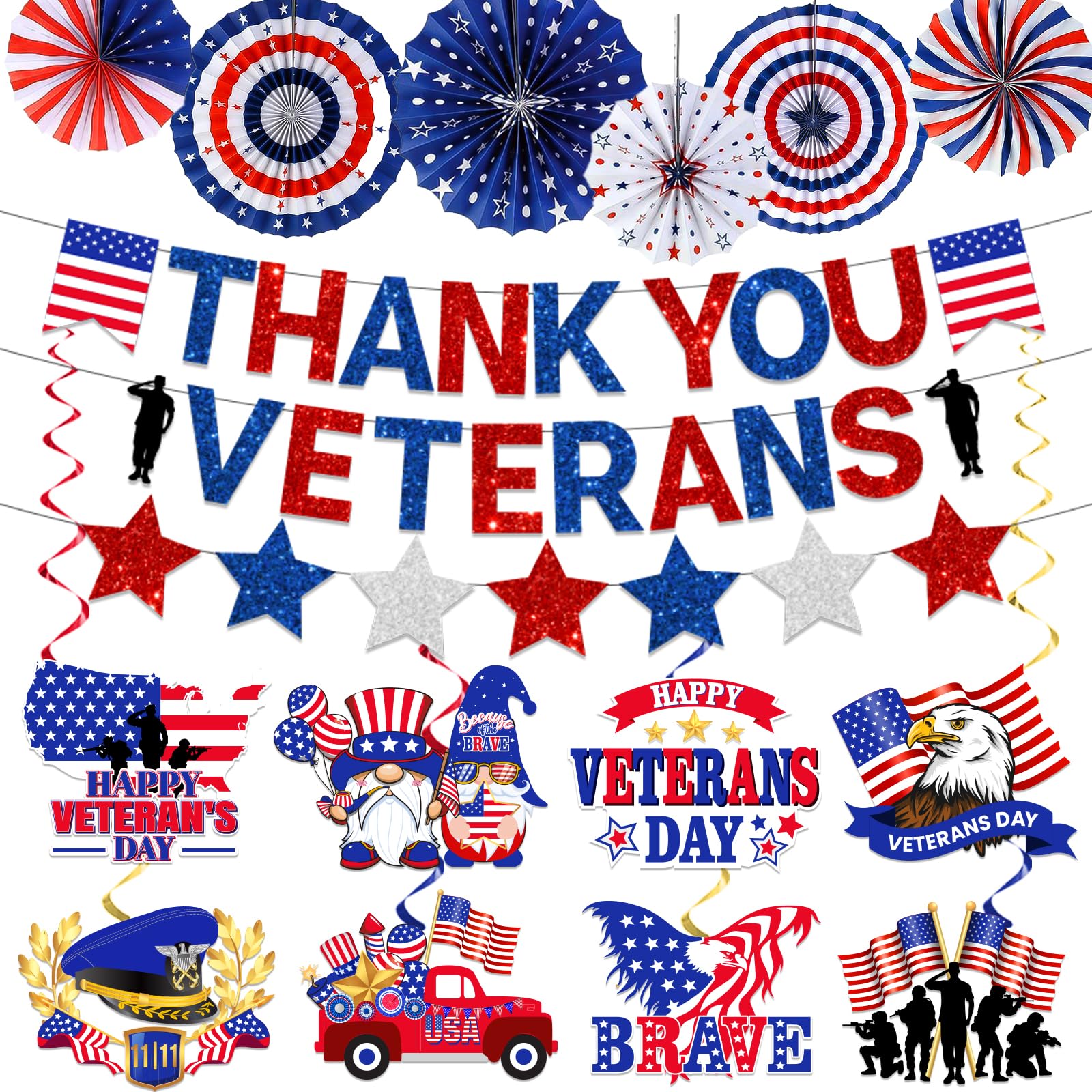 Veterans Day Decorations,Thank You Veterans Banner Happy Veterans Day Decorations Hanging Swirls and Red White Blue Paper Fans for Veterans Day Party Bulletin Board Indoors Patriotic Decorations