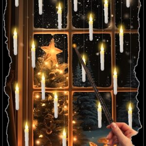 Floating Candles with Wand Remote, 4Pcs Magic Warm Flickering Flameless Hanging Candles,Battery Operated Window LED Taper Lights for Halloween Christmas Decor Home Party