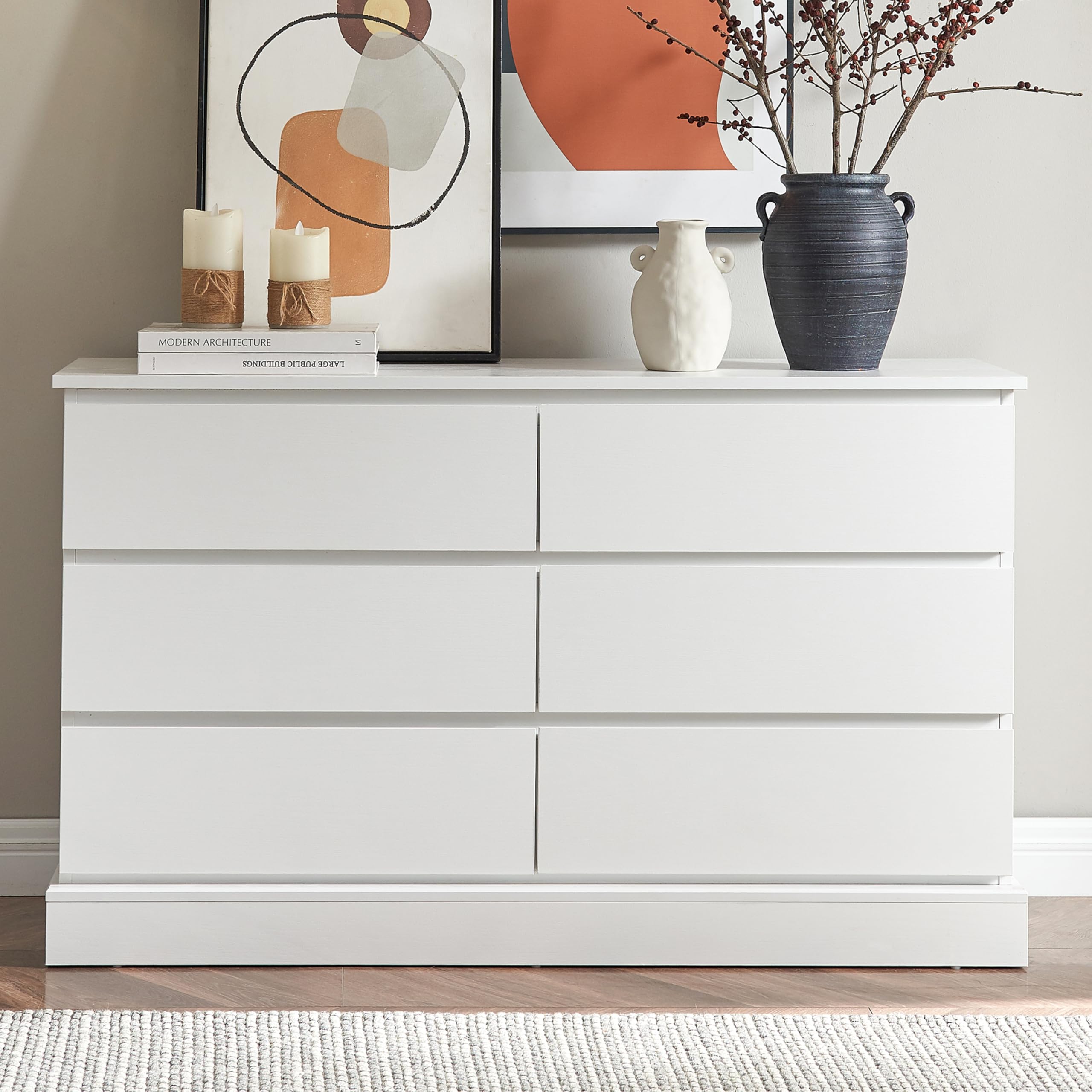 VECHOLL White Dresser for Bedroom, Modern Dresser with 6 Drawers, Bedroom Dresser Furniture, Wide Dressers, Wood Chest of Drawers Storage for Living Room, Hallway, Entryway