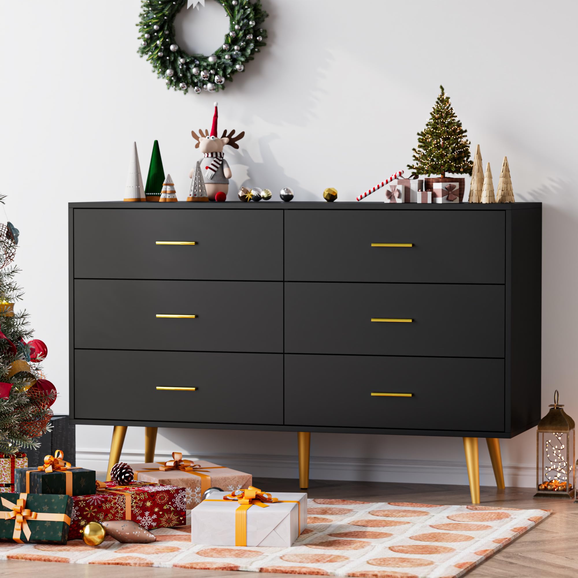 JOZZBY Dresser for Bedroom with 6 Drawers, Black Wooden Dresser with Golden Handles, Modern Chests of Drawer Storage Organizer for Hallway, Entryway