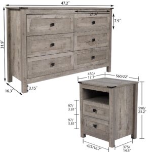 CATMIX Farmhouse Drawers Dresser, Wood Double Dresser Chest of Drawers Wide Storage Organizer Cabinet for Bedroom, Living Room (Rustic Grey, Combo Pack 6+2)