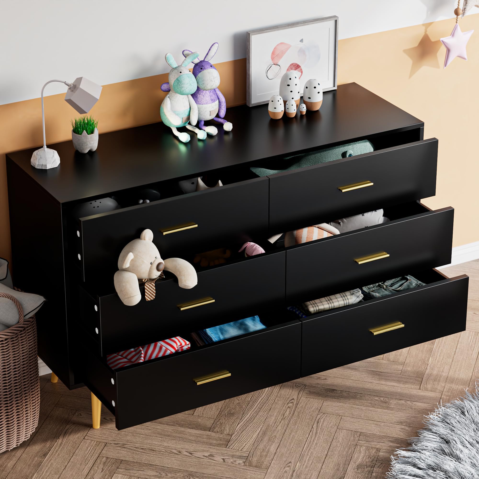 JOZZBY Dresser for Bedroom with 6 Drawers, Black Wooden Dresser with Golden Handles, Modern Chests of Drawer Storage Organizer for Hallway, Entryway