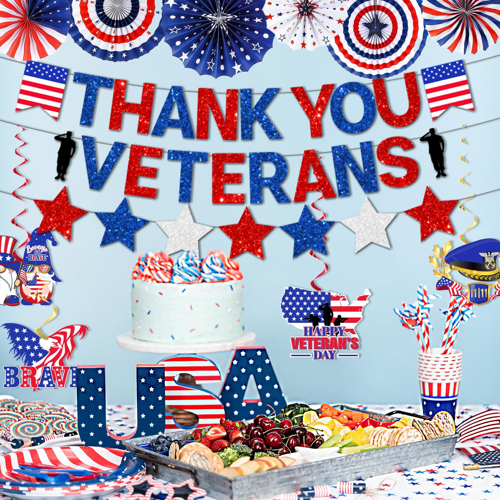 Veterans Day Decorations,Thank You Veterans Banner Happy Veterans Day Decorations Hanging Swirls and Red White Blue Paper Fans for Veterans Day Party Bulletin Board Indoors Patriotic Decorations