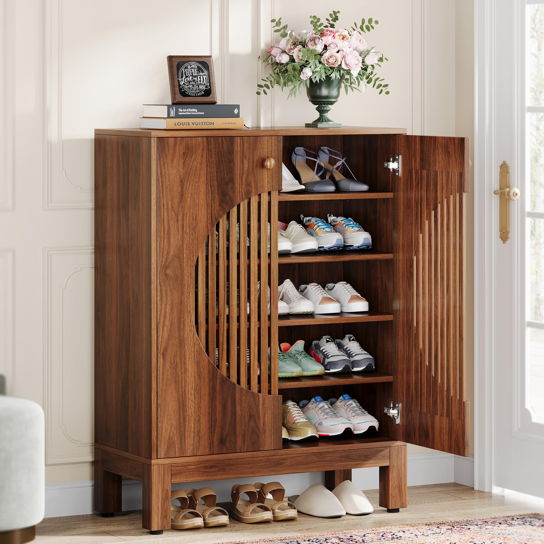 Tribesigns 5-Tier Shoe Cabinet with Round Louvered Doors, 20 Pairs Farmhouse Shoe Storage Cabinet with Adjustable Shelves, Freestanding Shoe Rack Organizer for Entryway, Hallway, Living Room, Brown