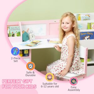 Qaba Toddler Desk and Chair Set, Kids Writing Desk Study Table for Children with Whiteboard, Storage Cabinet, Child Furniture, Art Gifts for Kids, Pink