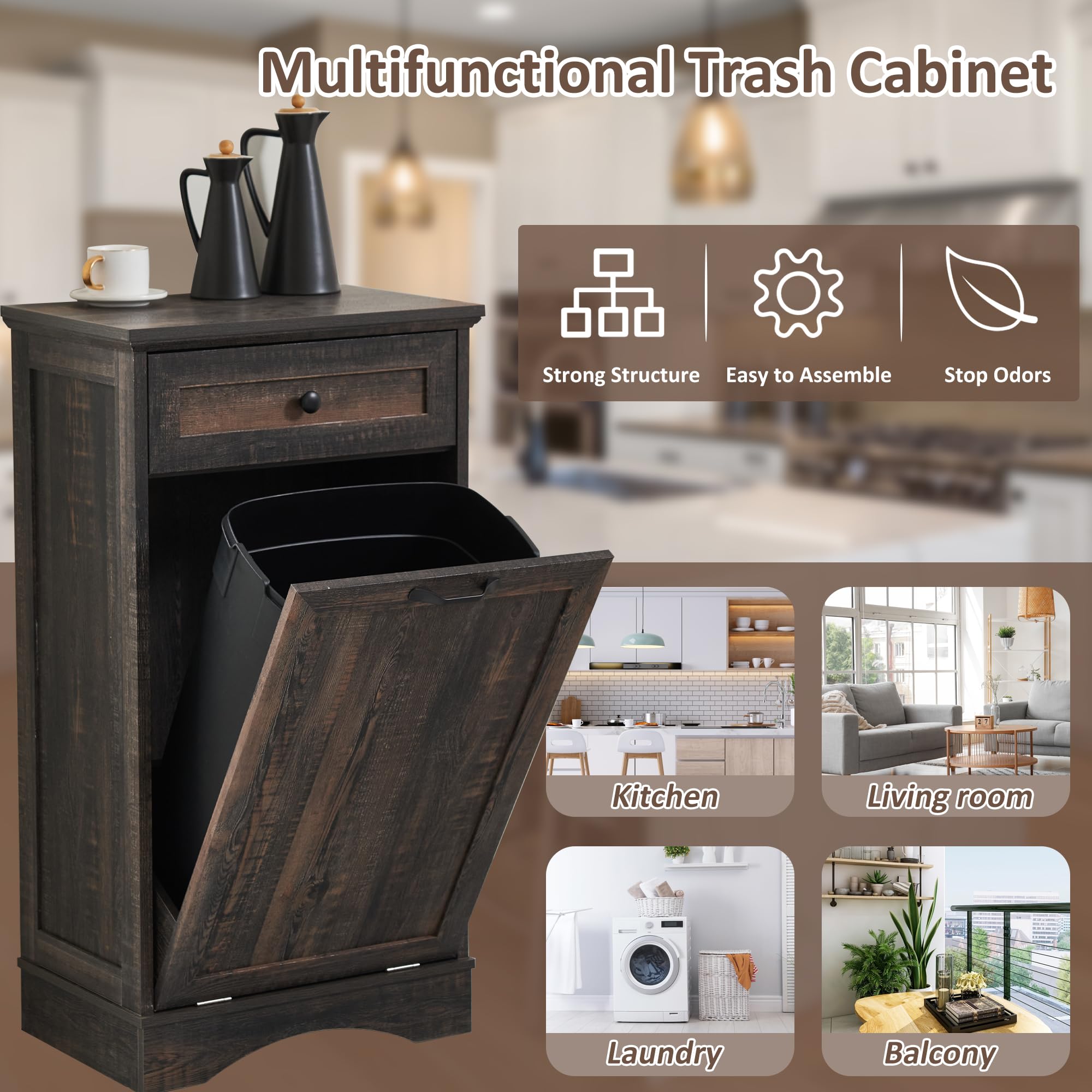 OUTGUAVA 13 Gallons Tilt Out Trash Cabinet Freestanding Kitchen Trash Bin Cabinet Wood Garbage Recycling Cabinet with Hideaway Drawer Pet Proof Trash Can Holder for Kitchen Living Room, Rustic Brown