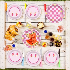 200Pcs Preppy Party Supplies Pink Smile Face Paper Plates Napkins Preppy Smile Face Party Tableware Set Preppy Smile Face Dinnerware for Birthday Party Bachelor Baby Shower Decoration Serve 50