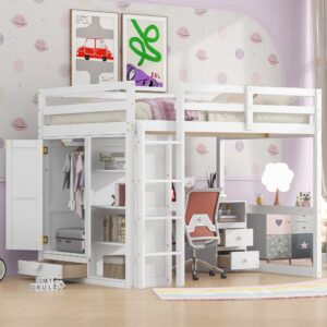 full size loft bed with wardrobe and desk, wood loft bed frame with storage shelves and drawers for adults teens and kids, white