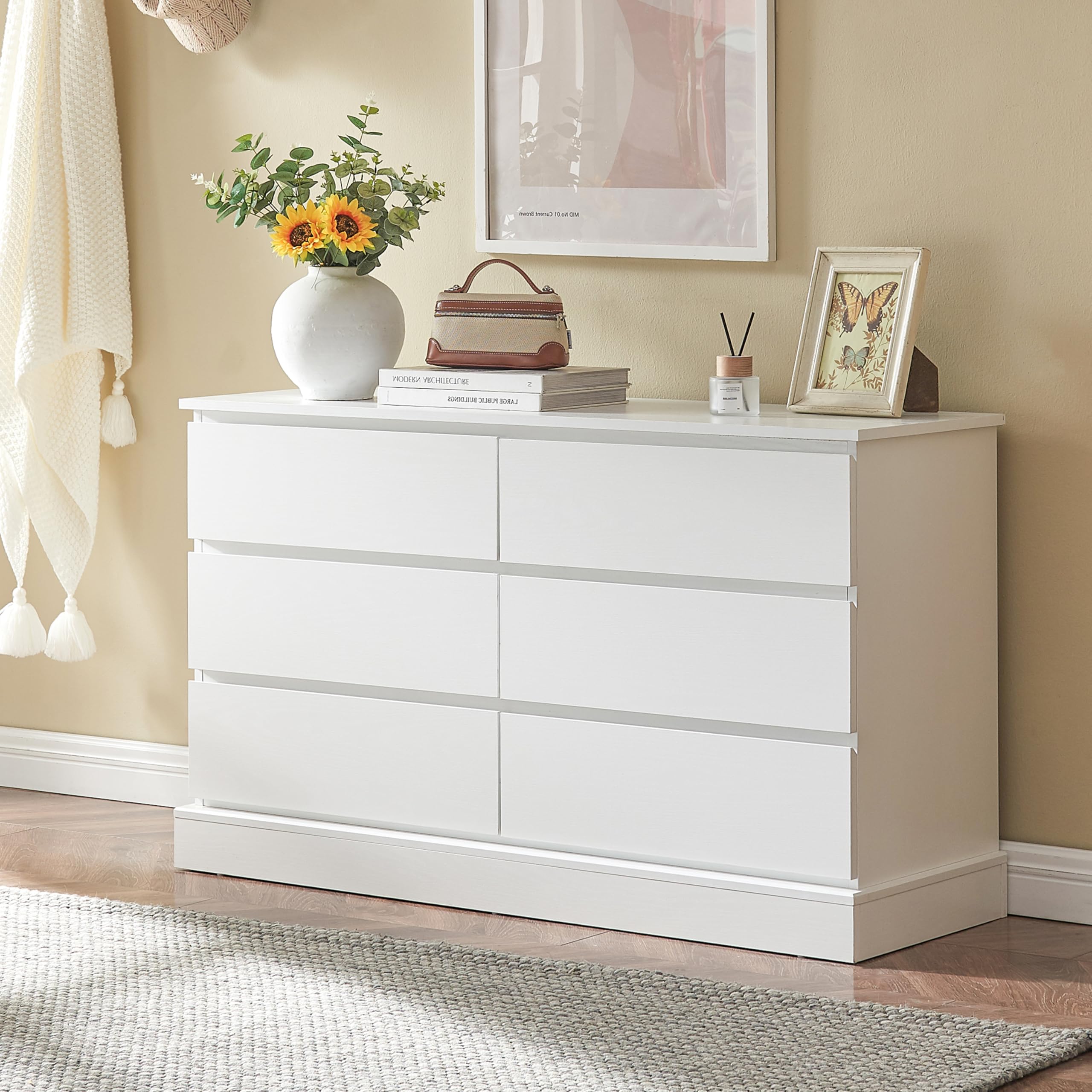 VECHOLL White Dresser for Bedroom, Modern Dresser with 6 Drawers, Bedroom Dresser Furniture, Wide Dressers, Wood Chest of Drawers Storage for Living Room, Hallway, Entryway