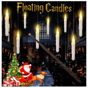 floating candles with wand remote, 4pcs magic warm flickering flameless hanging candles,battery operated window led taper lights for halloween christmas decor home party