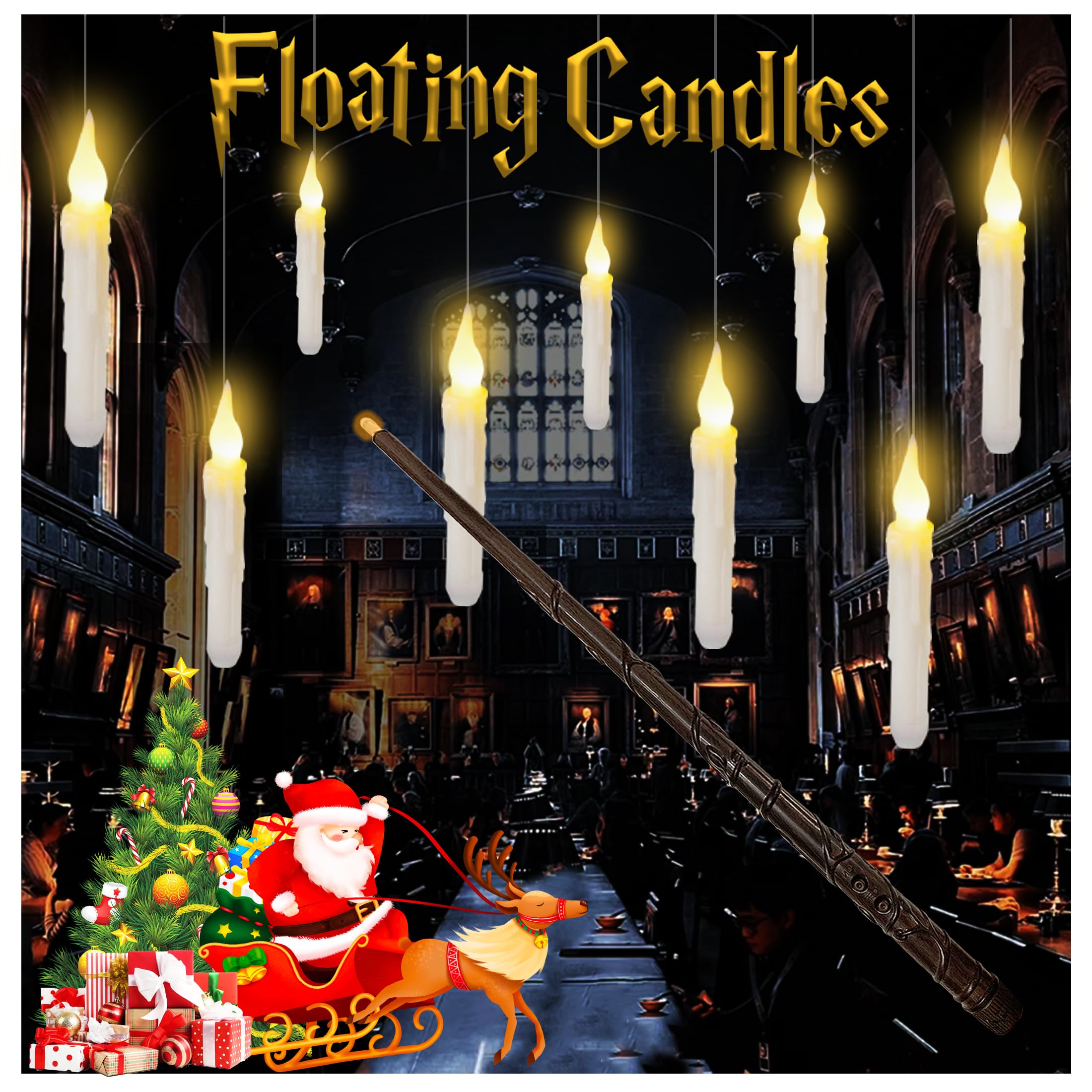 Floating Candles with Wand Remote, 4Pcs Magic Warm Flickering Flameless Hanging Candles,Battery Operated Window LED Taper Lights for Halloween Christmas Decor Home Party