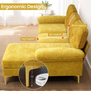 82" Ginger L Shape Sofa Couch w/Chaise Sleeper, Chenille Small Golden Sectional Couch with Chaise Mid-Modern Century Sofa for Living Room, Apartment, and Office with Removable and Washable Cushions