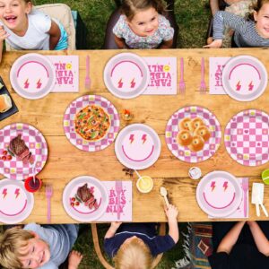 200Pcs Preppy Party Supplies Pink Smile Face Paper Plates Napkins Preppy Smile Face Party Tableware Set Preppy Smile Face Dinnerware for Birthday Party Bachelor Baby Shower Decoration Serve 50