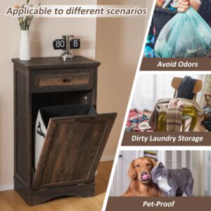 OUTGUAVA 13 Gallons Tilt Out Trash Cabinet Freestanding Kitchen Trash Bin Cabinet Wood Garbage Recycling Cabinet with Hideaway Drawer Pet Proof Trash Can Holder for Kitchen Living Room, Rustic Brown