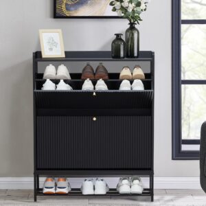 RARZOE Fluted Shoe Cabinet with 2 Flip Drawers, Modern Slim Shoe Storage Organizer, Narrow Entryway Shoe Rack, Tipping Shoe Cabinet with Metal Legs for Heels, Boots, Slippers in Entrance, Black