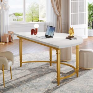 Tribesigns 63 Inch Computer Executive Desk, Modern Simple Study Writing Desk with Half Round Thick Tabletop and Heavy Duty Metal Frame, Large Desk Laptop Table Workstation for Home Office, White/Gold