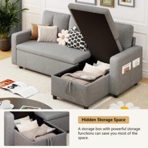 FREDEES Sectional Sofa L-Shaped Sofa Couch Bed with Chaise & USB,Couch Sleeper Pull Out Bed & Storage Space, 3-seat Fabric Convertible Sofa, Pull Out Couch for Living Room, Grey