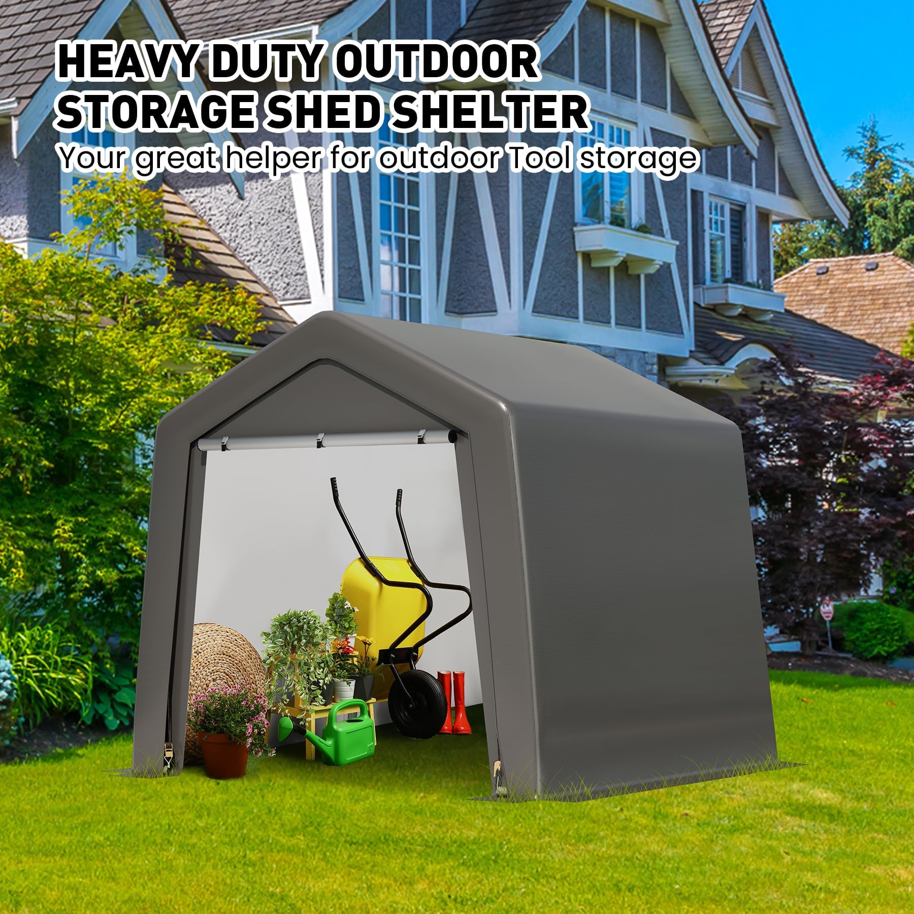 6 * 6 * 7FT Outdoor Storage Shed Carport,Portable Garage Bike Shed Tent with Roll-Up Zipper Door, Heavy Duty Waterproof Tarp Carport for Motorcycle, Bike, Firewood, Garden Tools Sheld