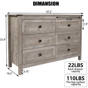 CATMIX Farmhouse 6 Drawers Dresser, Wood Double Dresser Chest of Drawers Wide Storage Organizer Cabinet for Bedroom, Living Room, Rustic Grey