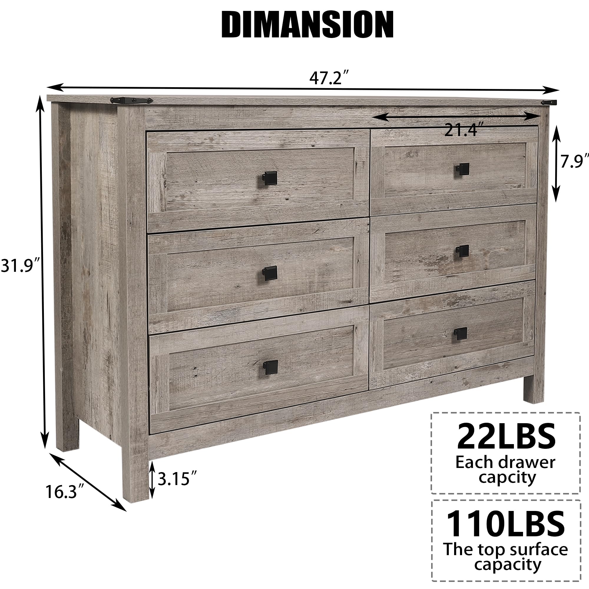 CATMIX Farmhouse 6 Drawers Dresser, Wood Double Dresser Chest of Drawers Wide Storage Organizer Cabinet for Bedroom, Living Room, Rustic Grey