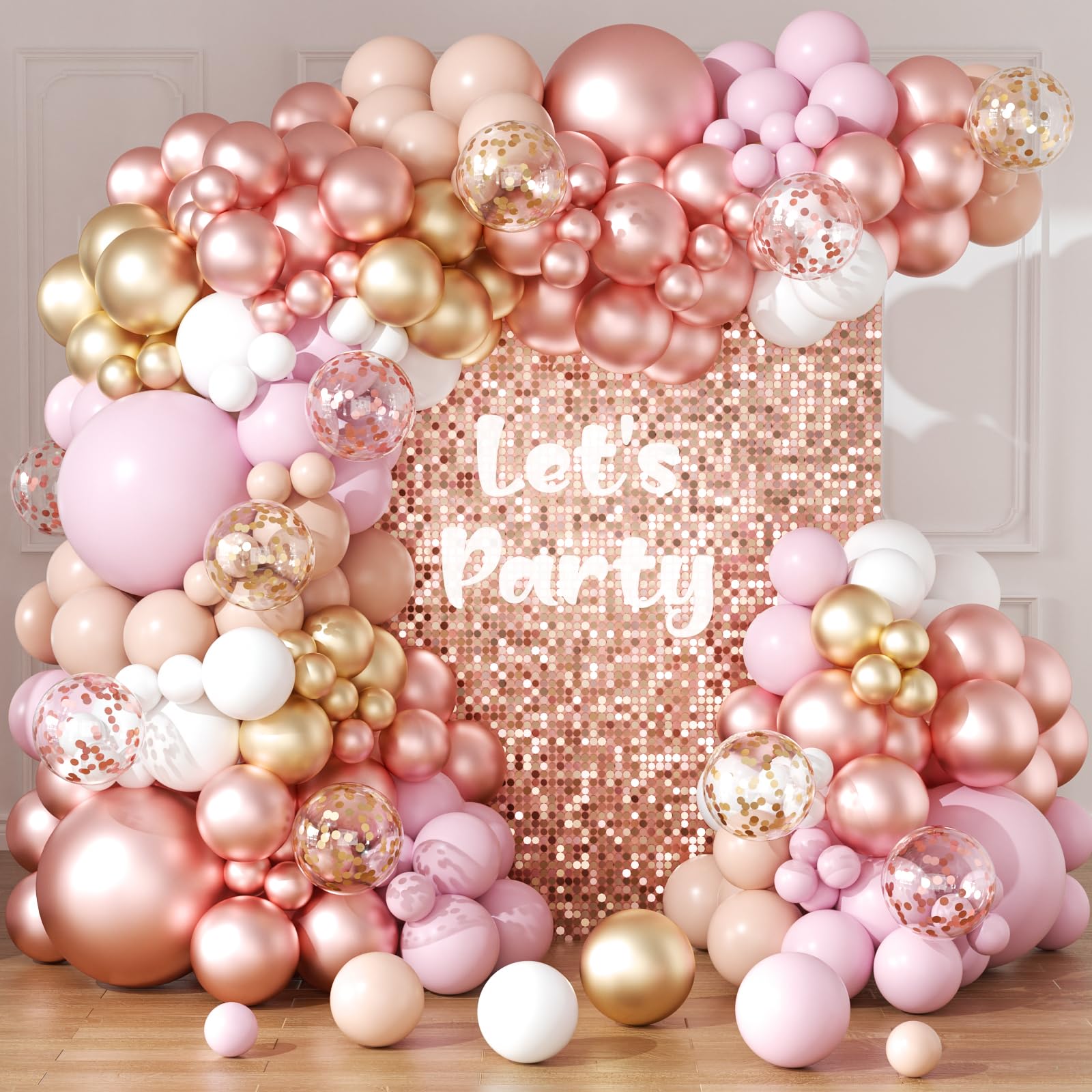 Rose Gold Balloons Arch Garland Kit 164pcs Pastel Pink Chrome Gold Balloon in Different Sizes with Confetti Balloons for Wedding Bridal Shower Princess and Girl Birthday Baby Shower Party Decorations