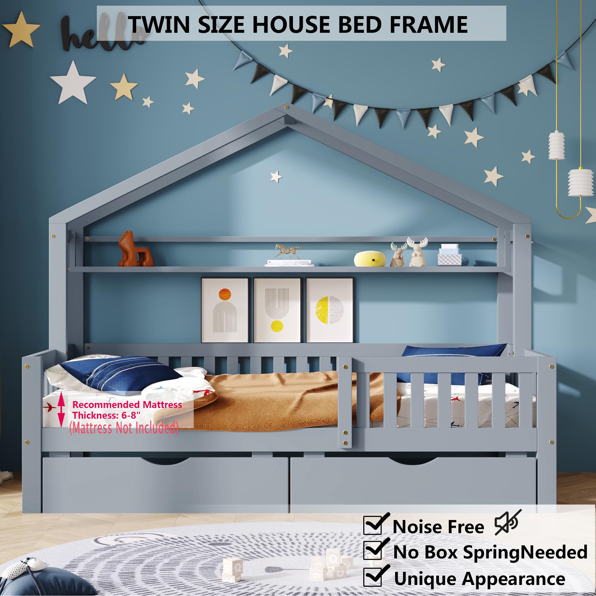 Aoowow Twin Size House Bed with Storage Drawers & Shelf,Kids Wooden Bed Frame Twin Platform Bed with Slats and Fence for Boys Girls Teens for Bedroom(Grey)