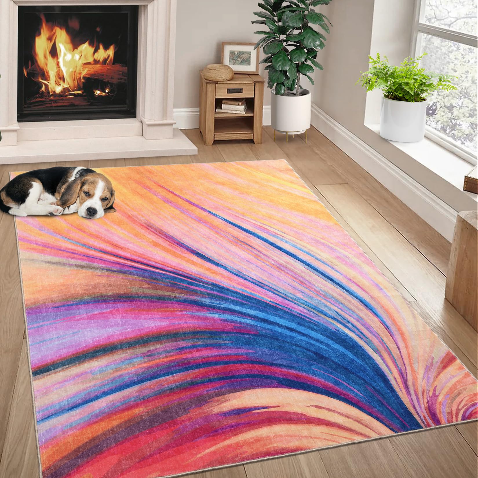 GarveeHome 9x12 Area Rug Large Washable Abstract Brush Stroke Rug Soft Low Pile Non Skid Non Shedding Floor Carpet Rugs Multiple Colors Modern Floor Cover for Bedroom Living Room, Blue/Pink