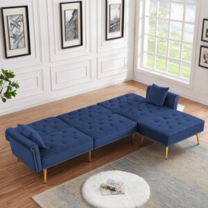 L Shaped Futon Sofa Bed with Movable Ottoman, Modern Velvet Upholstery Reversible Sectional Couch with 3 Adjustable Backrest,Sturdy Sleeper Sofa for Living Room and Bedroom