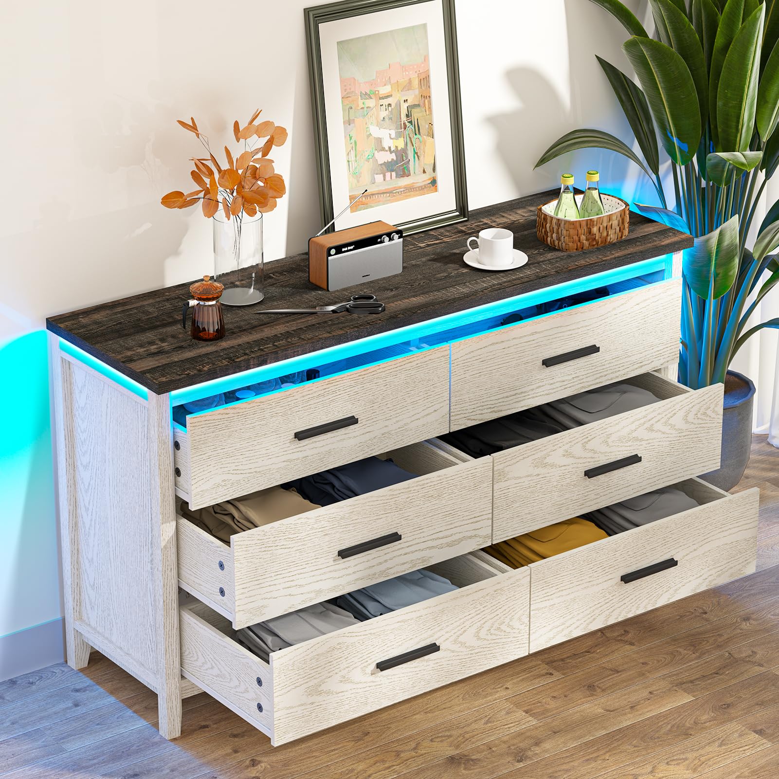 TVU Farmhouse 6 Drawers Wood Dresser with LED, Storage Dresser for Bedroom, Wide Chest of Drawer with Metal Handles